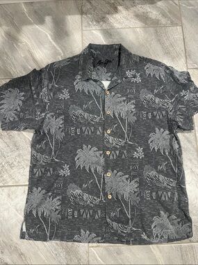 Maui Jim Charcoal Gray Tropical Print Short-Sleeve Button-Down 100% silk